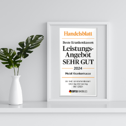 Gerahmtes Handelsblatt-Siegel für sehr gutes Leistungsangebot.