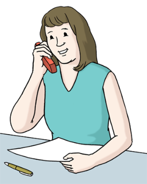 Zeichnung einer Frau, die am Tisch vor einem Blatt Papier sitzt und telefoniert.
