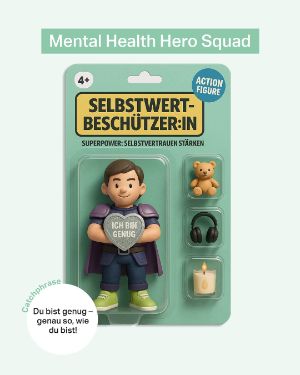 Mental Gesund "Mental Health Hero Squad: Selbstwertbeschützer:in / Action Figur/  Superpower: Selbstvertrauen stärken / Catchphrase: Du bist genug – genau so, wie du bist!" Actionfigur in einer Rüstung mit einem herzförmigen Schild in der Hand auf dem "Ich bin genug" steht. Als Zubehör hat er ein Plüschtier, Kopfhörer und eine Kerze. 