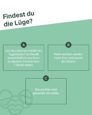 Quiz: 2 Wahrheiten 1 Lüge "Findest du die Lüge? A) Um den durchschnittlichen Tagesbedarf an Eiweiß ausschließlich aus Eiern zu decken, müsste man 7 Stück essen. B) Weihnachten werden mehr Eier verbraucht als Ostern. C) Braune Eier sind gesünder als weiße.".