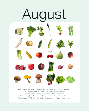 Saisonkalender August: Blumenkohl, Brokkoli, Kohlrabi, Lauch, Radieschen, Grüne Bohnen, Rettich, Kartoffeln, Gurken, Zucchini, Spinat, Rucola, Sellerie, Mais, Tomate, Kirschen, Birne, Nektarine, Beeren, Apfel, Pflaume, Frühlingszwiebel, Schalotte, Zwiebel, Champignon, Pfifferling, Steinpilz, Mangold, Kopfsalat, Eisbergsalat