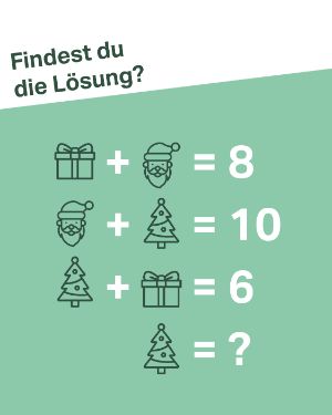 Quiz: Findest du die Lösung? "Geschenk + Weihnachtsmann = 8 / Weihnachtsmann + Tannenbaum = 10 / Tannenbaum + Geschenk = 6 / Tannenbaum = ?".