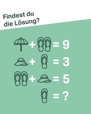 Quiz Rechenrätsel "Sonnenschirm + Flipflops = 9 / Sonnenhut + Flipflop = 3 / Flipflops + Sonnenhut = 5 / Flipflop = ?".