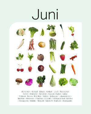 Saisonkalender Juni: Blumenkohl, Brokkoli, Erbsen, Kohlrabi, Lauch, Radieschen, Rettich, Rhabarber, Kartoffeln, Spargel, Gurken, Spinat, Feldsalat, Rucola, Rote Bete, Sellerie, Erdbeeren, Johannisbeeren, Kirschen, Himbeeren, Pflaumen, Zucchini, Frühlingszwiebel, Karotten, Champignon, Mairübe, Mangold, Spitzkohl, Kopfsalat, Eisbergsalat.
