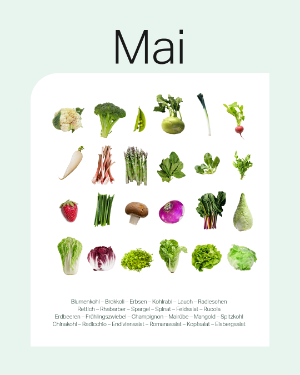 Saisonkalender Mai: Blumenkohl, Brokkoli, Erbsen, Kohlrabi, Lauch, Radieschen, Rettich, Rhabarber, Spargel, Spinat, Feldsalat, Rucola, Erdbeeren, Frühlingszwiebel, Champignon, Mairübe, Mangold, Spitzkohl, Chinakohl, Radicchio, Endiviensalat, Romanasalat, Kopfsalat, Eisbergsalat.