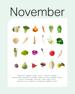 Saisonkalender November: Blumenkohl, Brokkoli, Kürbis, Karotte, Chinokohl, Grünkohl, Knollensellerie, Meerrettich, Pastinake, Petersilienwurzel, Rosenkohl, Wirsing, Fenchel, Endiviensalat, Steckrübe, Lauch, Apfel, Rettich, Rote Bete, Birne, Hagebutte, Champignon, Weißkohl, Quitte.