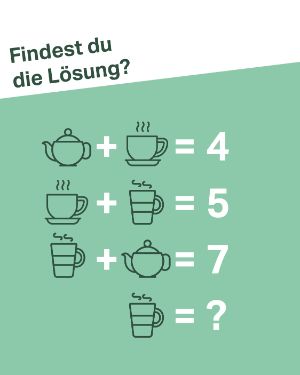 Zahlenrätsel Quiz: Findest du die Lösung? "Teekanne + Tasse = 4 / Tasse + Becher = 5 / Becher + Kanne = 7 / Becher = ?