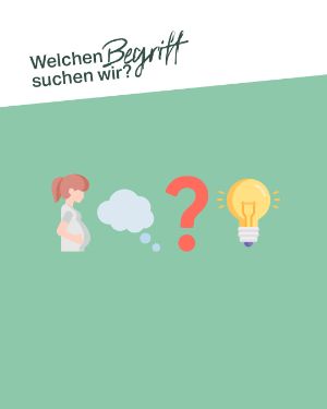 Welchen Begriff suchen wir? Frau mit dickem Bauch, Denkblase, ?, Glühbirne.