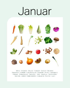 Saisonkalender Januar: Möhre – Chinakohl – Chicorée – Spitzkohl – Grünkohl – Steckrübe Meerrettich – Pastinake – Petersilienwurzel – Rosenkohl – Wirsing – Champignon Feldsalat – Schwarzwurzel – Topinambur – Apfel – Haselnuss – Knollensellerie Rote Bete – Zwiebel – Hokkaidokürbis – Esskastanie – Kartoffel – Lauch.
