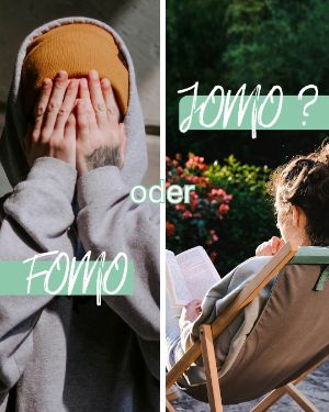 Mental Gesund: Fomo oder Jomo? Splitscreen: Links ein junger Mann der sich die Augen zuhält, rechts eine junge Frau am lesen in einem Strandstuhl.