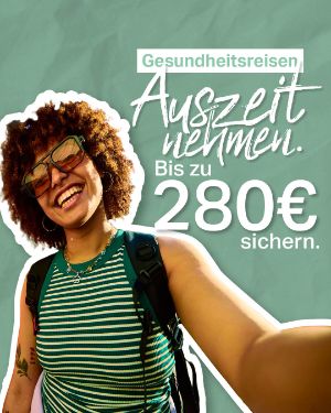 Gesundheitsreisen: Auszeit nehmen. bis zu 280€ sichern. Eine junge Frau macht ein Selfie.