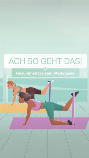 "#achsogehtdas: Gesundheitsreisen Atmenpause" Zwei Frauen machen Yoga.