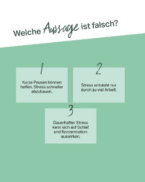 Quiz: Welche Aussage ist falsch? "1. Kurze Pausen können helfen, Stress schneller abzubauen. 2. Stress entsteht nur durch zu viel Arbeit. 3. Dauerhafter Stress kann sich auf Schlaf und Konzentration auswirken."