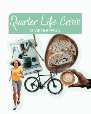 Mental Gesund: "Quarter Life Crisis - Starterpack" Vier ausgeschnittene Fotos: Siebträgermaschine, eine Läuferin, Rennrad, Kaffee, Sauerteigbrot.
