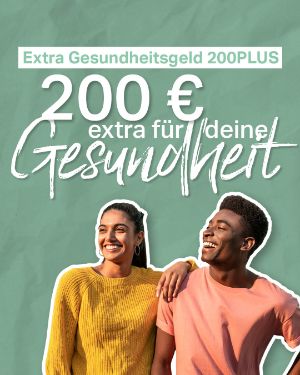 Extra Gesundheitsgeld 200PLUS  – 200 € extra für deine Gesundheit. "Eine junge Frau lehnt an einem jungen Mann und beide lächeln."