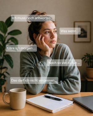 Mental Gesund: Zu viele Tabs offen. "Eine junge Frau sieht nachdenklich aus dem Fenster und um sie herum sind ihre offenen To Dos zu sehen".