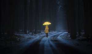 Mädchen läuft im Dunkeln mit gelber Jacke und leuchtendem Regenschirm auf einem Waldweg.