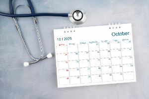 Auf einem Tisch liegt ein Stethoskop und ein Kalender.
