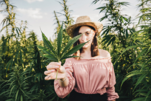 Junge Frau hält Cannabis Pflanze in der Hand.