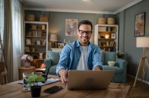 Mann mit Brille und Hemd sitzt am Tisch im Wohnzimmer und arbeitet motiviert an seinem Laptop. 