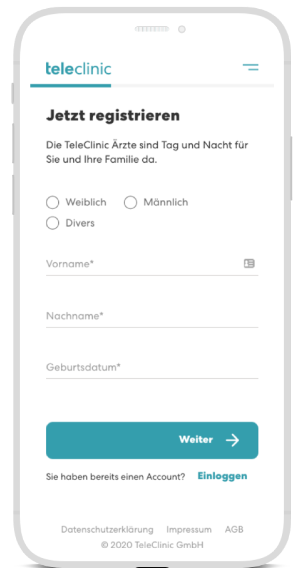Screenshot der Registrierung bei der TeleClinic.