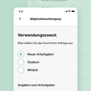 Screenshot zur Anwendung Mitgliedsbescheinigung anfordern in der Service-App der Mobil Krankenkasse.