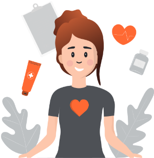 Eine Frau ist im Zentrum der Grafik, drum herum schweben verschiedene Icons, wie ein Herz und ein Klemmbrett.