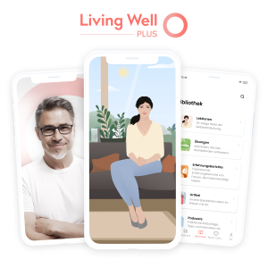 Das Bild zeigt verschiedene Screenshots der Living Well Plus App