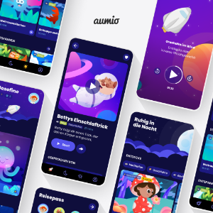 Verschiedene Screenshots der Aumio-App geben einen Einblick in die App.