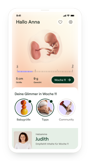 Das Bild zeigt einen Screenshot des Startbildschirms der Schwangerschafts-App von Glimmer.