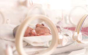 Frühgeborenes Baby liegt in einem Inkubator.