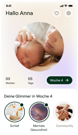 Das Bild zeigt einen Screenshot mit dem Startmenü der Mama-App von Glimmer.