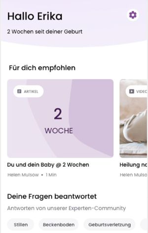 Das Bild zeigt einen Screenshot mit dem Startmenü der Mama-App von keleya.