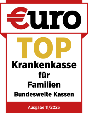 Siegel-Auszeichnung „TOP Krankenkasse für Familien“ vom Magazin €uro für die Mobil Krankenkasse.