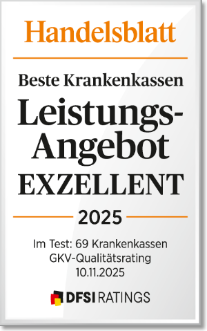 Auszeichnung: Beste Krankenkasse – Leistungsangebot "Exzellent" vom Handelsblatt-Verlag.