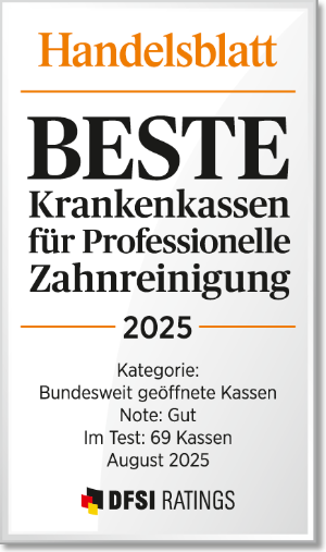 Auszeichnung: Beste Krankenkasse für Professionelle Zahnreinigung vom Handelsblatt-Verlag.