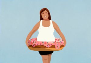 Skizze von einer Frau die einen Donut als Schwimmring trägt.