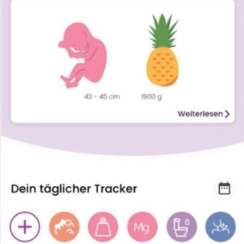 Das Bild zeigt einen Screenshot des Startmenüs in der Schwangerschafts-App von keleya.