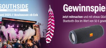 Grafik, die Festivaldaten anzeigt, für das Southside-Festival 2025 sowie ein Gewinnspiel erwähnt, bei dem man eine Bluetooth-Lautsprecherbox gewinnen kann.