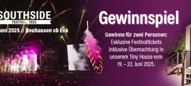 Grafik, die Festivaldaten anzeigt, für das Southside-Festival 2025 sowie ein Gewinnspiel erwähnt, bei dem man Festivaltickets und eine Übernachtung gewinnen kann.