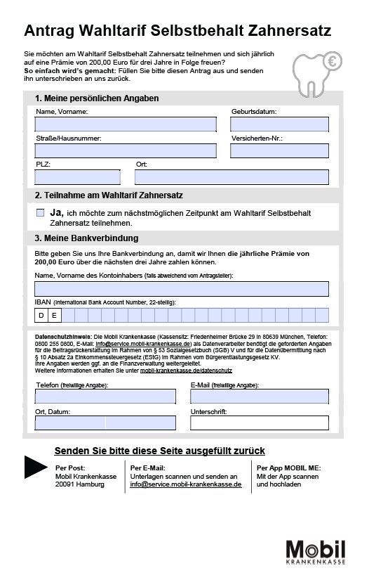 Antrag Wahltarif Selbstbehalt Zahnersatz